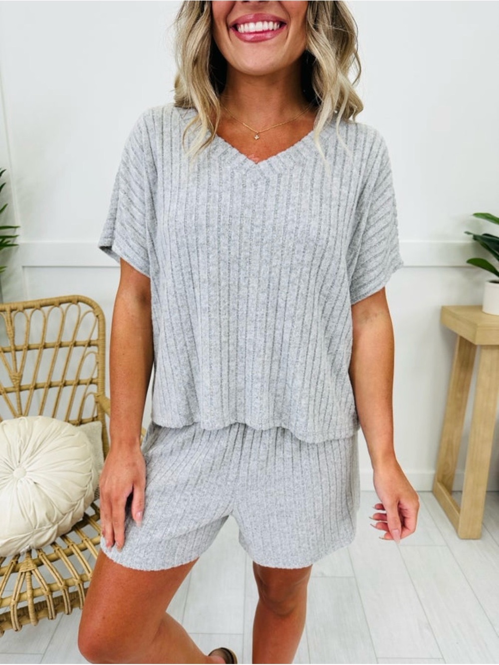 MOCO Boutique Cozy Ribbed V-Neck Short Lounge Set - Light Gray Size Small